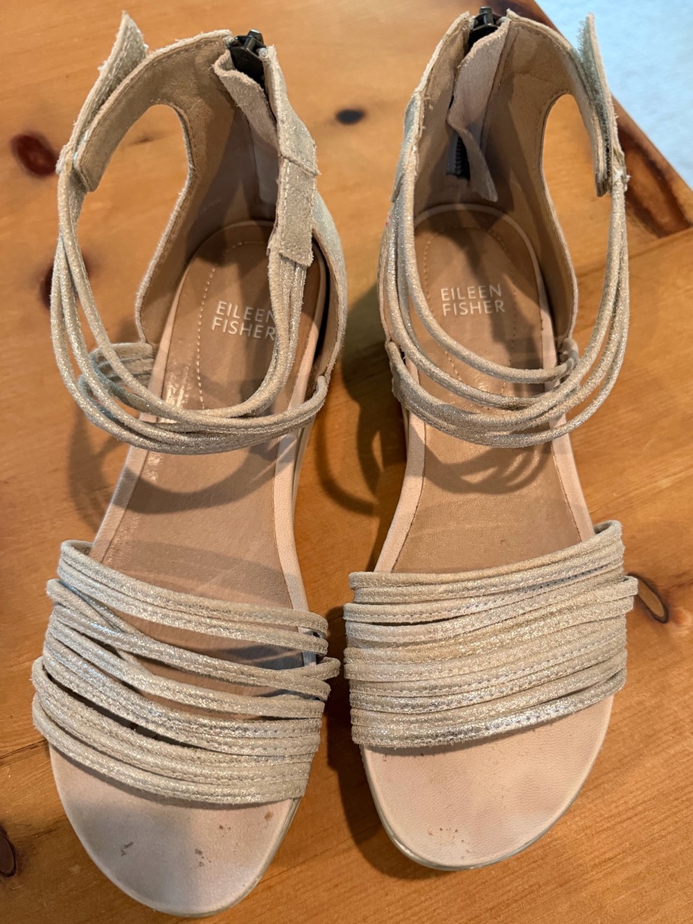 Eileen Fisher Light Beige Strappy Ankle-Wrap Sandals